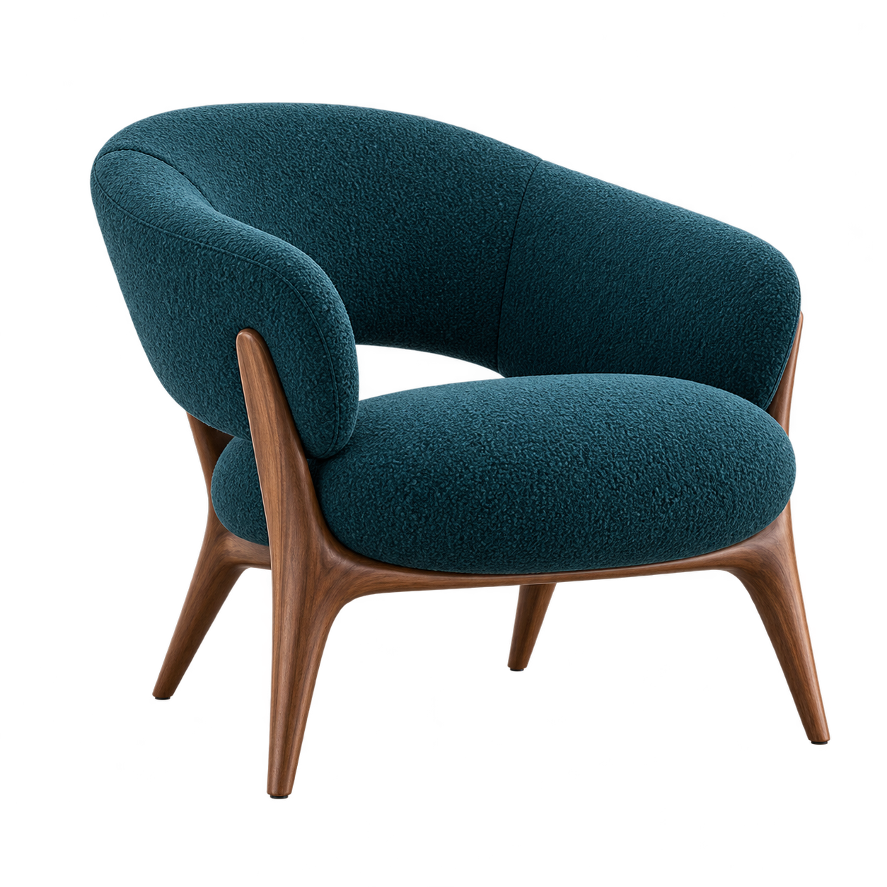 Original teal upholstered lounge chair with walnut legs, generated as a studio concept